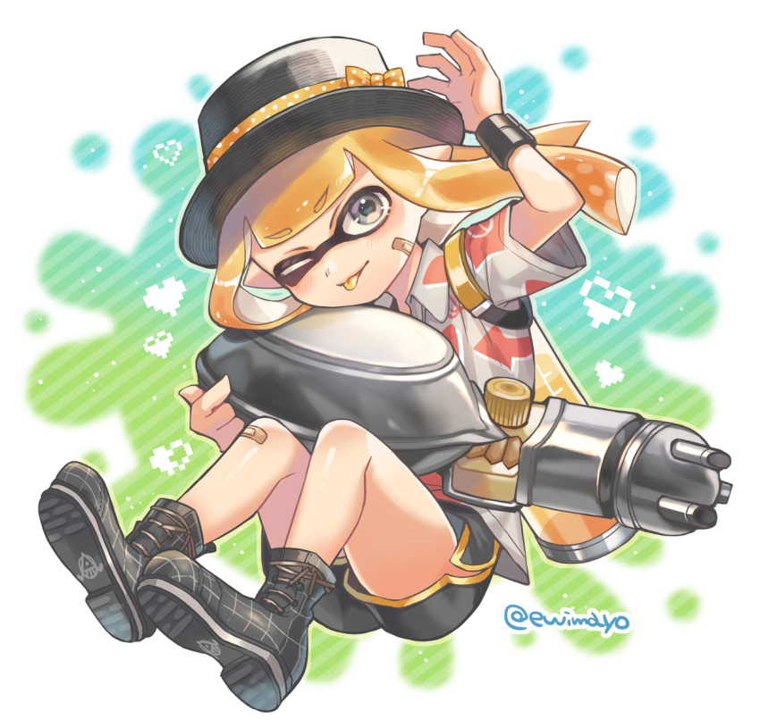 1girl ;) arm_up bandaid bandaid_on_knee bandaid_on_leg black_footwear black_shorts boots bow collared_shirt colored_tongue full_body grey_eyes grey_shirt hat hat_bow heart highres ink_tank_(splatoon) inkling inkling_girl light_particles long_hair nautilus_(splatoon) one_eye_closed orange_bow orange_hair orange_tongue polka_dot polka_dot_bow shina_shina shirt short_sleeves shorts smile solo splatoon_(series) tentacle_hair tongue tongue_out twitter_username v-shaped_eyebrows