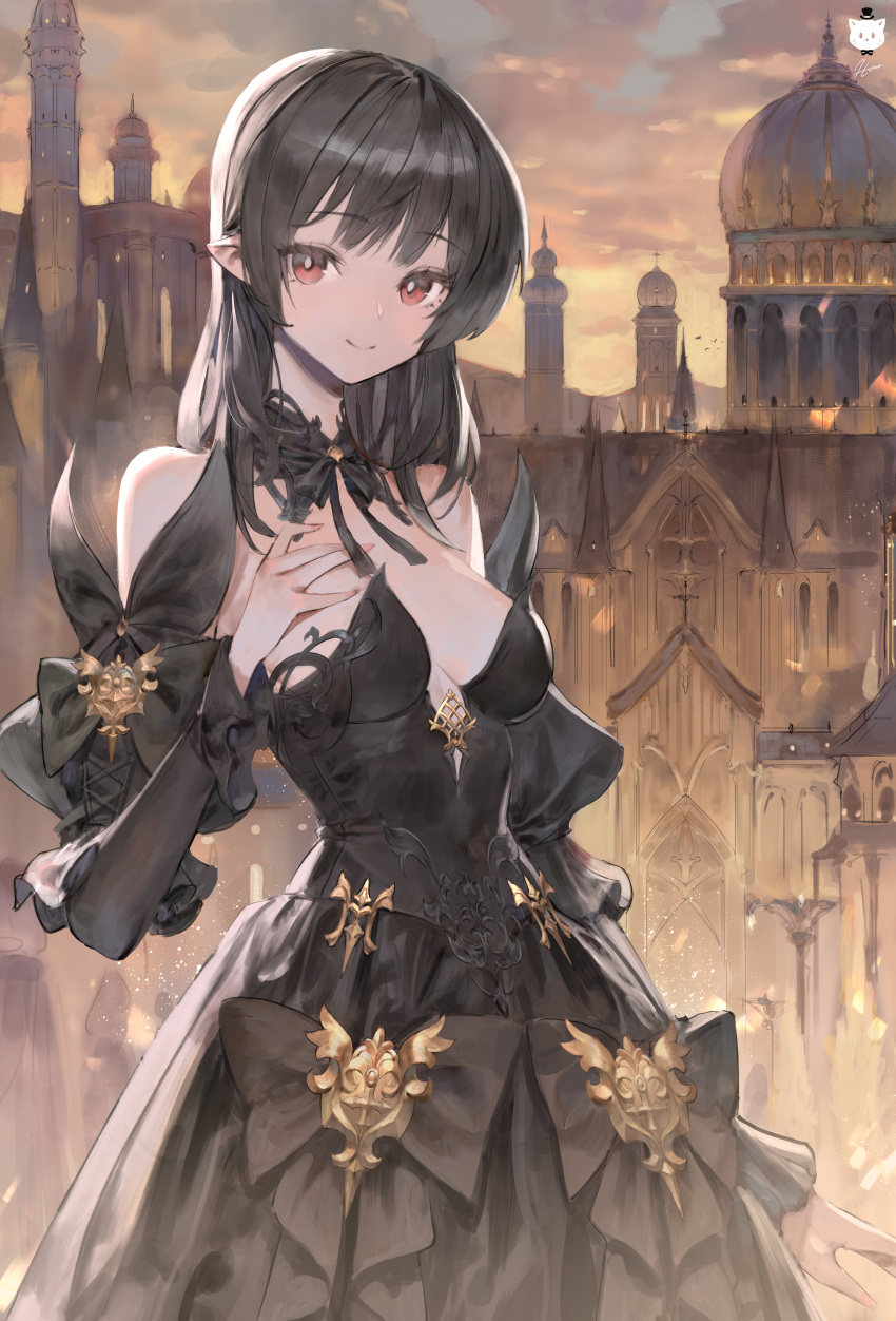 1girl absurdres black_dress black_hair breasts brown_eyes city commentary dated_commentary detached_sleeves dress english_commentary hand_on_own_chest highres jung_wonjo laces light_smile long_dress medium_breasts medium_hair onion_dome original pointy_ears ribbon sky smile solo standing strapless strapless_dress