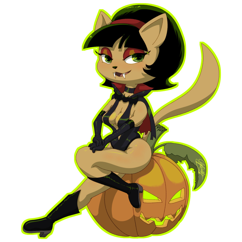 1:1 alpha_channel anthro claydust clothing costume domestic_cat fangs felid feline felis female fluffy fluffy_tail food fruit halloween halloween_2022 hi_res holidays kitty_katswell mammal nickelodeon pinup plant pose pumpkin solo t.u.f.f._puppy vampire_costume