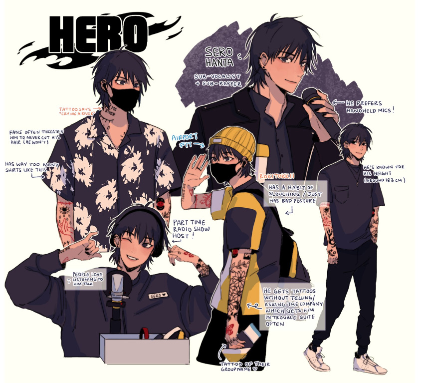 1boy alternate_costume alternate_universe arm_tattoo artist_name bangs beanie black_eyes black_hair black_jacket black_mask black_nails black_pants black_shirt boku_no_hero_academia butterfly_tattoo character_name closed_mouth collared_shirt ear_piercing earrings english_text flower_tattoo full_body hair_between_eyes hand_in_pocket hat highres holding holding_microphone idol jacket jewelry long_sleeves looking_at_viewer male_focus mask microphone mouth_mask neck_tattoo pants piercing print_shirt rokitokkii sero_hanta shirt shoes short_hair short_sleeves simple_background smile sneakers standing tattoo text_tattoo white_background white_footwear yellow_headwear yellow_shirt