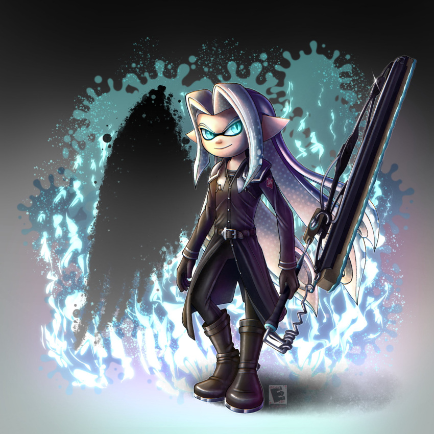 1boy amyroser black_footwear black_gloves esrb final_fantasy final_fantasy_vii gloves grey_eyes highres inkling long_hair looking_at_viewer pointy_ears sephiroth sidelocks smile solo splatoon_(series) tentacle_hair very_long_hair