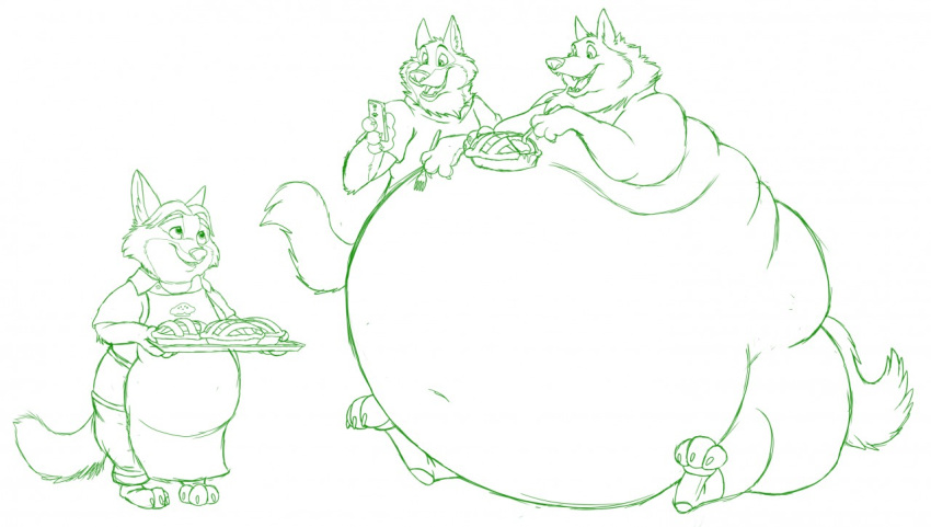 2016 anthro apron belly big_belly bottomwear canid canine canis cellphone clothed clothing dessert disney eye_contact fangs food fox fur gary_(zootopia) gideon_grey group hectorthewolf holding_fork holding_object holding_tray hyper hyper_belly larry_(zootopia) looking_at_another male mammal morbidly_obese morbidly_obese_anthro morbidly_obese_male navel nude obese obese_anthro obese_male open_mouth overweight overweight_anthro overweight_male pants phone pie red_body red_fur shirt sitting sketch standing tearing_clothing teeth tongue topwear torn_clothing trio white_body white_fur wolf zootopia