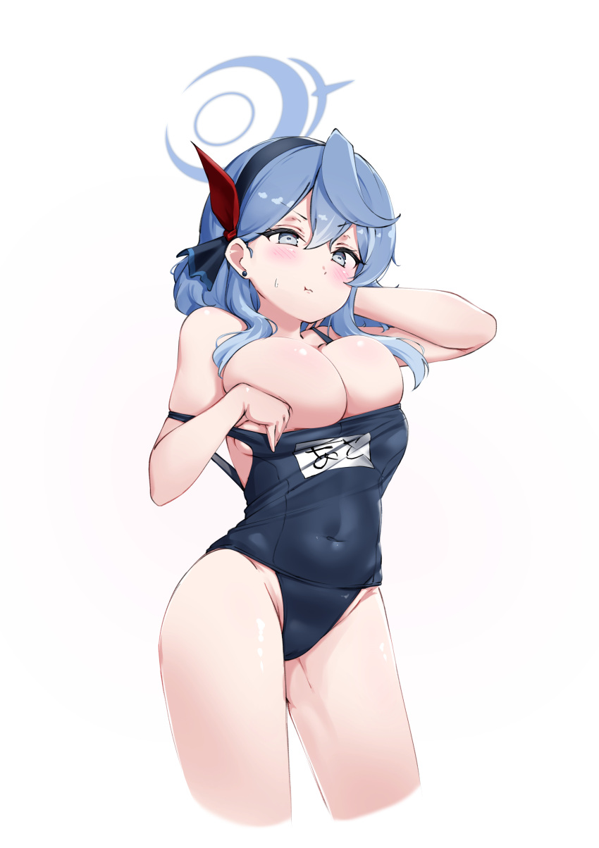 1girl absurdres ako_(blue_archive) alternate_costume bangs blue_archive blue_eyes blue_hair blush breasts cleavage clothes_pull covered_navel cowboy_shot hair_between_eyes hairband halo highres komasi large_breasts long_hair looking_at_viewer mole mole_under_eye name_tag one-piece_swimsuit school_swimsuit simple_background solo swimsuit swimsuit_pull thighs undersized_clothes wardrobe_malfunction