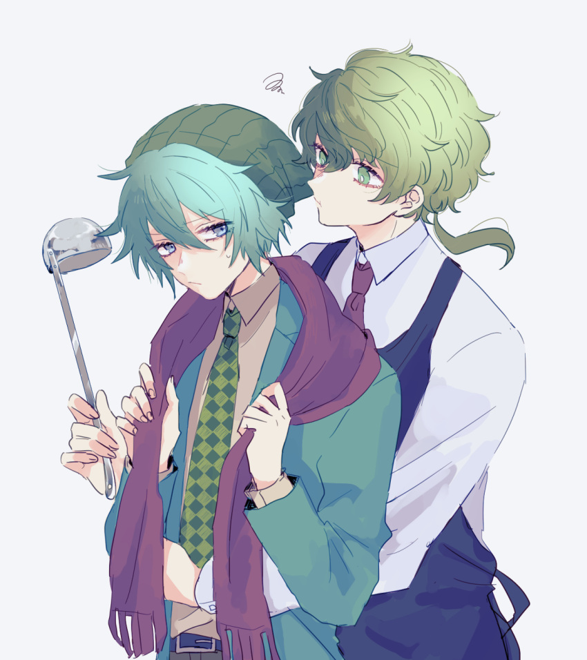 2boys adjusting_scarf apron aqua_eyes aqua_hair bangs beanie belt black_apron blazer blue_jacket checkered_necktie closed_mouth collared_shirt green_eyes green_hair green_headwear green_necktie grey_shirt hair_between_eyes hat highres hiyori_sou holding holding_ladle hug hug_from_behind jacket kimi_ga_shine ladle lapels looking_at_another low_ponytail male_focus midori_(kimi_ga_shine) multiple_boys necktie red_necktie red_scarf scarf school_uniform shirt short_hair sonobeno_school_uniform spiked_hair squiggle sweat uououoon upper_body white_background white_shirt yaoi