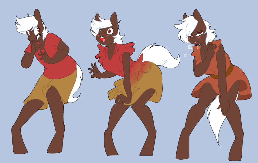 2018 anthro blush bottomwear breast_growth breasts breath brown_bottomwear brown_clothing brown_shorts clenched_teeth clothing digital_media_(artwork) dress equid equine female gender_transformation growth hair hooves horse koportable looking_up male mammal mtf_transformation open_mouth red_clothing red_dress red_shirt red_topwear shirt shorts simple_background solo standing surprise surprsied teeth topwear transformation white_hair