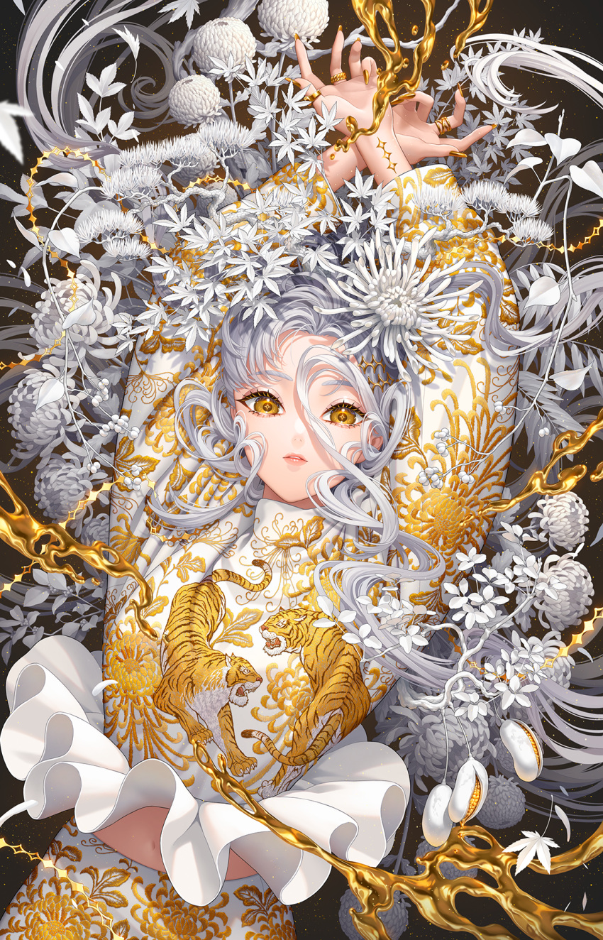 1girl arms_up chrysanthemum flower grey_hair highres limited_palette long_hair long_sleeves looking_at_viewer midriff minami_(minami373916) navel original print_shirt shirt solo tiger upper_body yellow_eyes