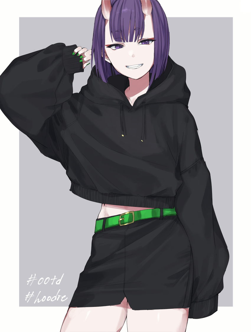 1girl absurdres alternate_costume arm_up bangs black_hoodie black_skirt bob_cut casual contemporary contrapposto cowboy_shot drawstring eyeliner fate/grand_order fate_(series) green_belt green_nails grey_background hashtag highres hood hood_down hoodie horns ichiya1115 long_sleeves looking_at_viewer makeup oni oni_horns open_mouth pencil_skirt pointy_ears purple_eyes purple_hair short_eyebrows short_hair shuten_douji_(fate) simple_background skin-covered_horns skirt smile solo thighs two-tone_background white_background