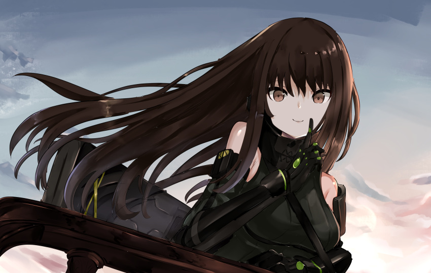 1girl bangs black_gloves breasts brown_eyes brown_hair closed_mouth day girls'_frontline gloves highres long_hair looking_at_viewer m4a1_(girls'_frontline) mod3_(girls'_frontline) mutugorou_u outdoors sidelocks sky smile solo upper_body