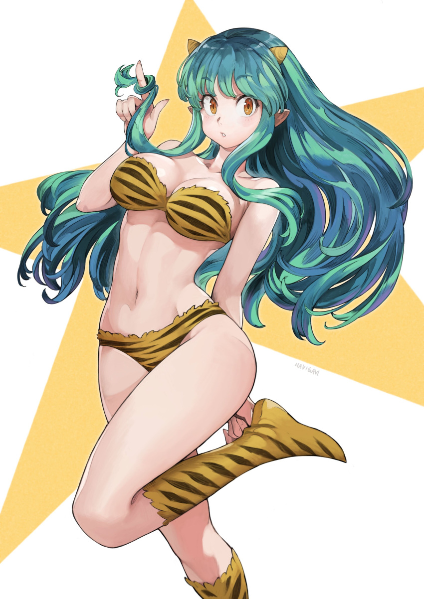 1girl absurdres animal_print bikini boots breasts commentary_request green_hair highres horns jun_(seojh1029) long_hair looking_at_viewer lum medium_breasts navel oni oni_horns pointy_ears smile solo strapless swimsuit tiger_print urusei_yatsura