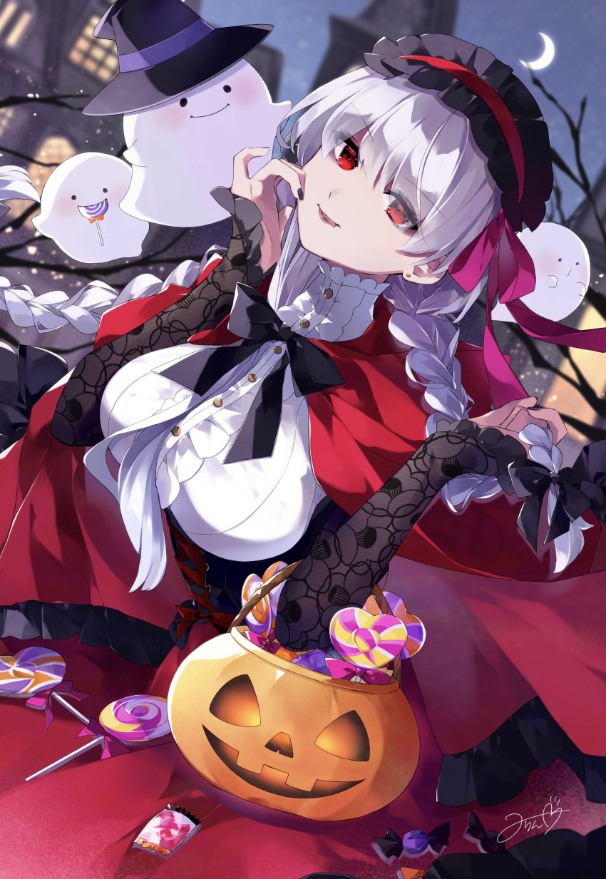 absurdres alternate_costume black_hairband black_nails bow braid breasts candy cape earrings fate/grand_order fate_(series) food ghost hairband highres holding jewelry kama_(fate) large_breasts lollipop long_hair long_sleeves looking_at_viewer misaki346 moon night pumpkin red_cape red_eyes white_hair