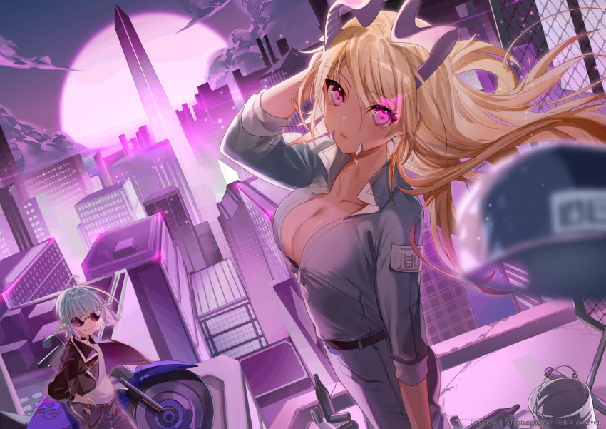 2girls autonomous_android_mk.2 biker_clothes blonde_hair blue_hair breasts cleavage colored_skin curled_horns dark_magician_beth glasses glowing glowing_eye ground_vehicle guardian_tales horns janitor looking_at_viewer miwano_rag motor_vehicle motorcycle multiple_girls opaque_glasses open_mouth pink_skin purple_background purple_eyes smirk urban