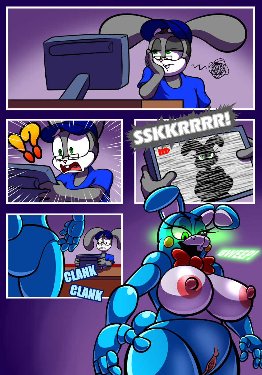 anthro big_breasts blue_body bonnie_(fnaf) breasts clothed clothing comic duo english_text eyewear female five_nights_at_freddy's genitals glasses grey_body hi_res huge_breasts lagomorph leporid machine male mammal nipples nude protagon pussy rabbit robot scottgames text video_games