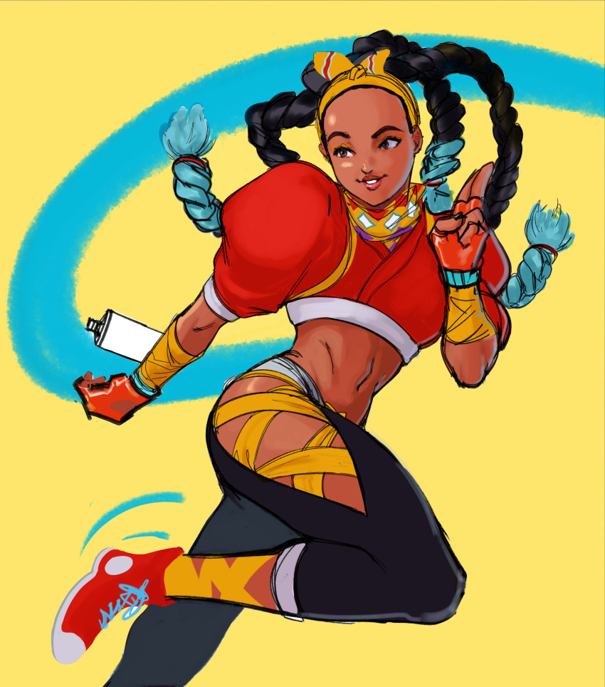 1girl absurdres aqua_hair arm_wrap bow_hairband brown_eyes brown_lips colored_tips converse cropped_jacket dark-skinned_female dark_skin english_commentary forehead gloves hairband highres hip_vent jacket jed_(jedzem) kimberly_(street_fighter) long_hair midriff multicolored_hair navel puffy_short_sleeves puffy_sleeves quad_braids red_gloves red_jacket running salute shoes short_sleeves smartwatch sneakers solo spray_can street_fighter street_fighter_6 thick_eyebrows toned two-finger_salute very_dark_skin watch wristwatch yellow_background yellow_hairband