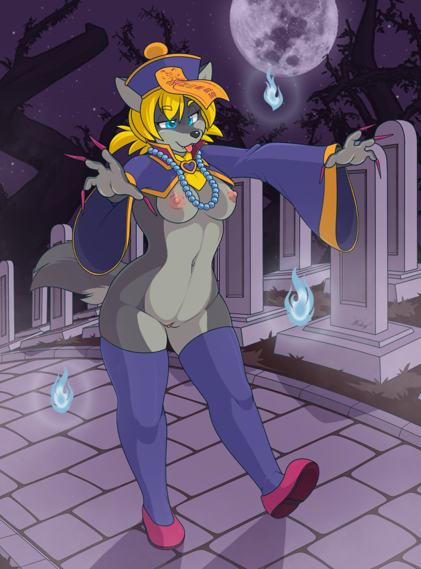 4_fingers anthro areola asian_mythology blonde_hair blue_eyes breasts canid canine canis chinese_mythology claws clothed clothing east_asian_mythology female finger_claws fingers footwear full_moon fur genitals grey_body grey_breasts grey_fur grey_tail hair headgear headwear helsy hi_res jiangshi lafille legwear long_claws mammal moon mythology night night_sky nipples pussy shadow sky star starry_sky teeth thigh_highs tongue undead wolf