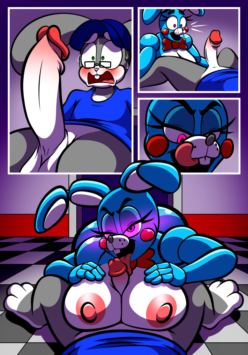 absurd_res anthro big_breasts blue_body bonnie_(fnaf) breast_play breasts clothed clothing comic duo english_text female five_nights_at_freddy's genitals grey_body hi_res lagomorph leporid licking machine male male/female mammal nipples nude oral penile penis penis_lick protagon rabbit robot scottgames sex text titfuck tongue tongue_out video_games