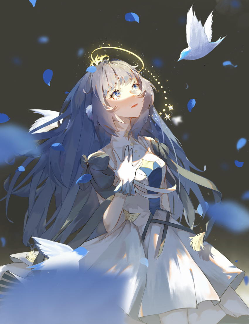 1girl absurdres animal_ears arknights astesia_(arknights) astesia_(frlibre_on_the_palace)_(arknights) bird bird_ears black_background blue_eyes blue_hair cowboy_shot dress falling_petals gloves hair_ornament hand_on_own_chest highres layered_dress long_hair looking_up petals simple_background smile solo standing white_dress yuluojinmian