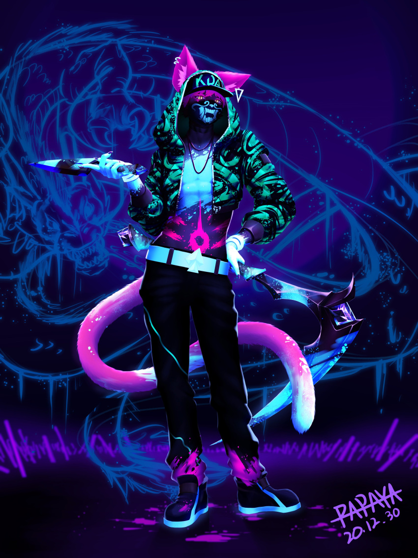 2020 3:4 absurd_res alternate_version_at_source anthro belt black_light blacklight bodypaint bottomwear clothed clothing dagger dated ear_piercing ear_ring felid footwear front_view full-length_portrait hi_res holding_dagger holding_scythe jacket looking_at_viewer male mammal mask melee_weapon midriff open_clothing open_jacket open_topwear pants papayafurry piercing portrait pupils ring_piercing shoes signature slit_pupils solo standing topwear weapon yellow_eyes