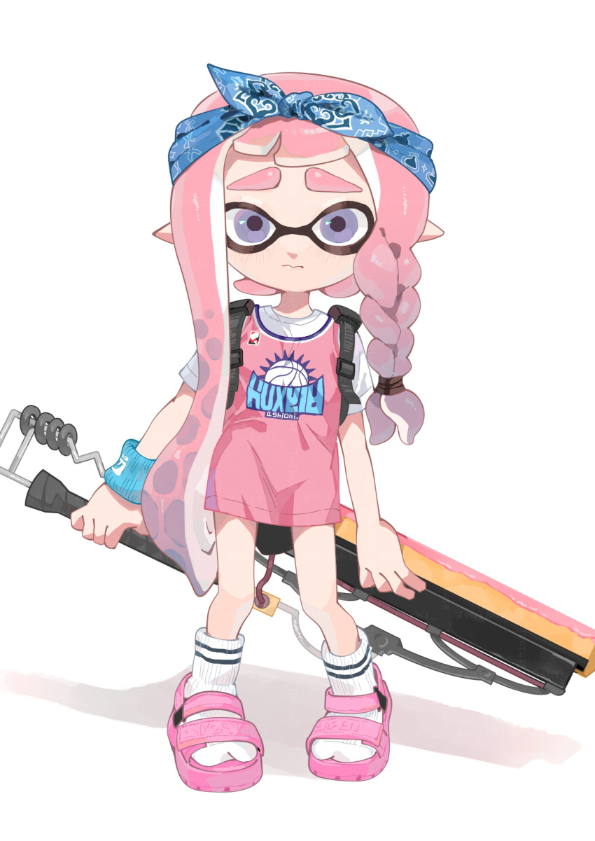 1girl braid commentary_request domino_mask full_body headband highres inkling inkling_girl long_hair mask no_pants paint_roller pink_footwear pink_hair pink_shirt pointy_ears print_shirt purple_eyes sandals shiohi shirt short_sleeves simple_background socks solo splatana_wiper_(splatoon) splatoon_(series) suction_cups tentacle_hair white_socks wristband