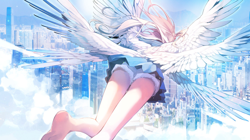 1girl absurdres angel bare_legs barefoot blue_skirt brown_hair cityscape cloud commentary english_commentary feet_out_of_frame floating_hair flying frilled_skirt frills from_behind highres multiple_wings original outdoors patch_oxxo shadow short_shorts shorts skirt sky skyline solo wings