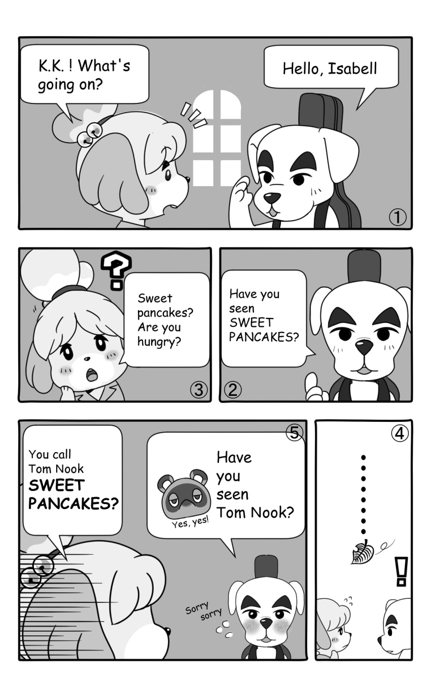 2022 animal_crossing anthro blush canid canine canis comic dialogue domestic_dog duo ellipsis english_text exclamation_point greeting hi_res humanoid_hands isabelle_(animal_crossing) k.k._slider kemono mammal monochrome mujina_uranoya nintendo raccoon_dog tanuki text tom_nook_(animal_crossing) video_games