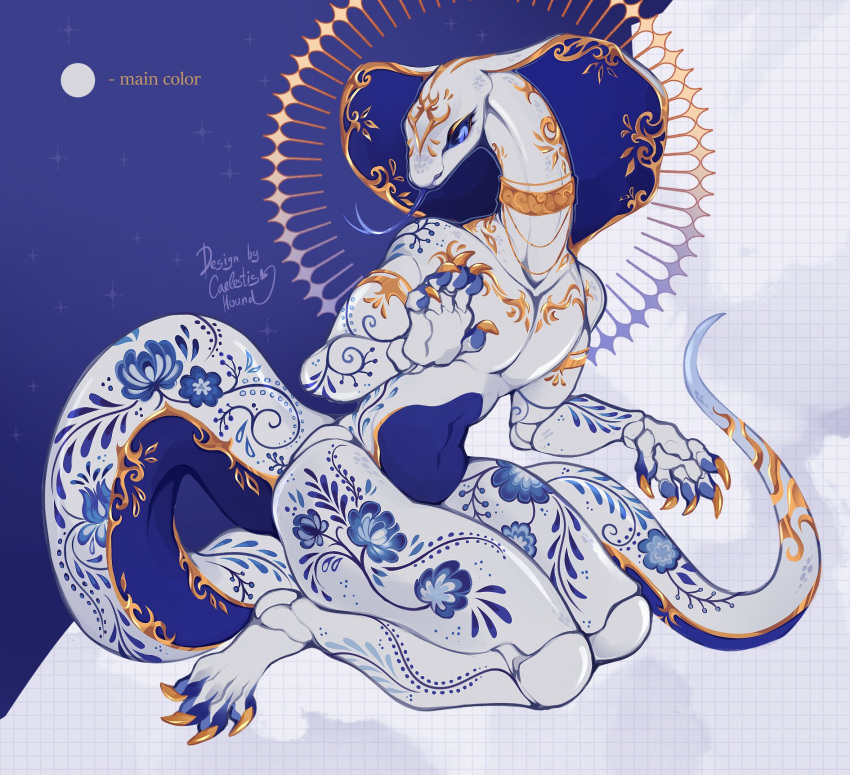 abstract_background anthro blue_eyes blue_tongue caelestishound claws cobra forked_tongue gilded gold hi_res kneeling male markings nude porcelain reptile scalie snake snake_hood solo tongue tongue_out