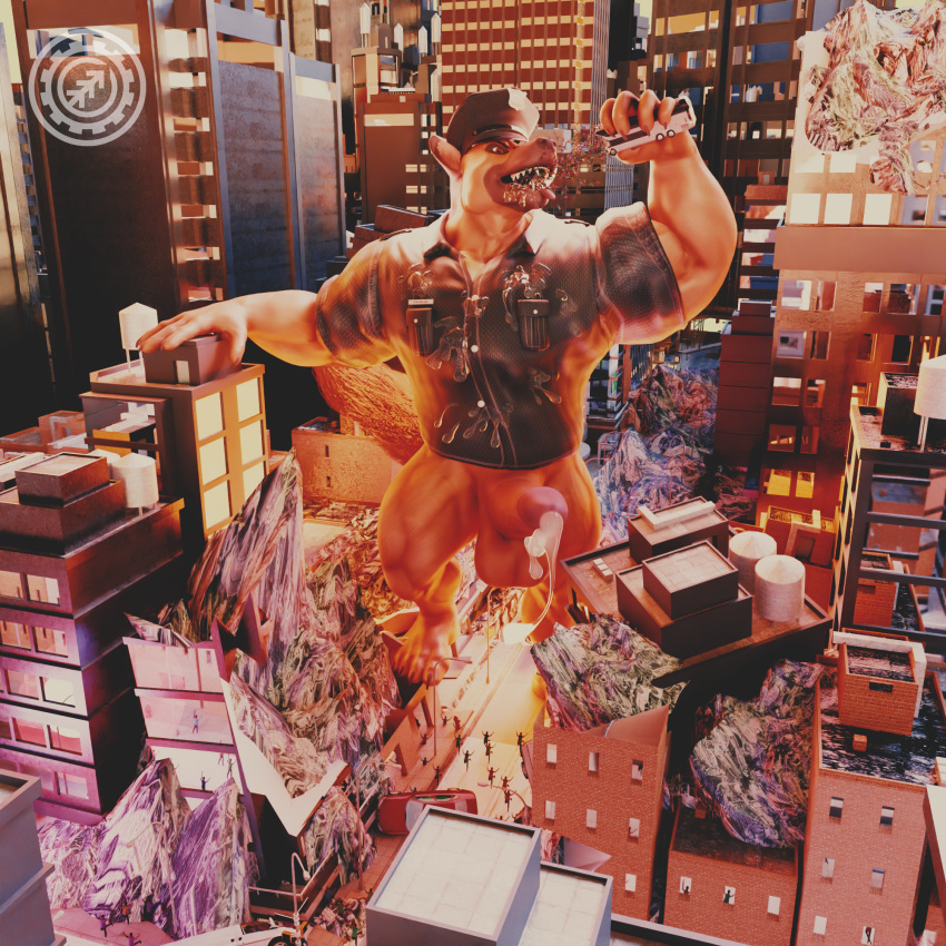 1:1 3d_(artwork) anthro balls big_balls big_penis blender_(software) bodily_fluids building building_destruction canid canine canis car city city_background city_destruction cityscape clothed clothing cum cum_string destruction detailed_background digital_media_(artwork) drooling eating erection feet fur genital_fluids genitals glans hi_res huge_penis humanoid_genitalia humanoid_penis larger_pred looking_at_prey macro macro_pred male male/male mammal micro micro_prey muscular muscular_anthro muscular_male n0rdbara nude open_mouth oral_vore penis police_uniform ruins running_away saliva size_difference smaller_prey solo solo_focus stan_melgar stomping teeth toes tongue tongue_out uniform vehicle vore wolf