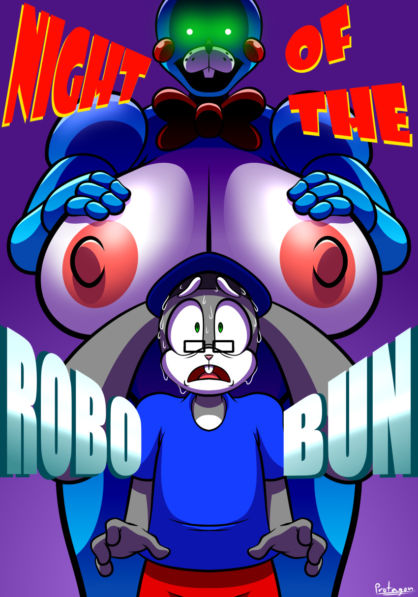 absurd_res anthro big_breasts blue_body bonnie_(fnaf) breasts clothed clothing comic duo english_text female five_nights_at_freddy's grey_body hi_res huge_breasts lagomorph leporid machine male mammal nipples nude protagon rabbit robot scottgames text video_games