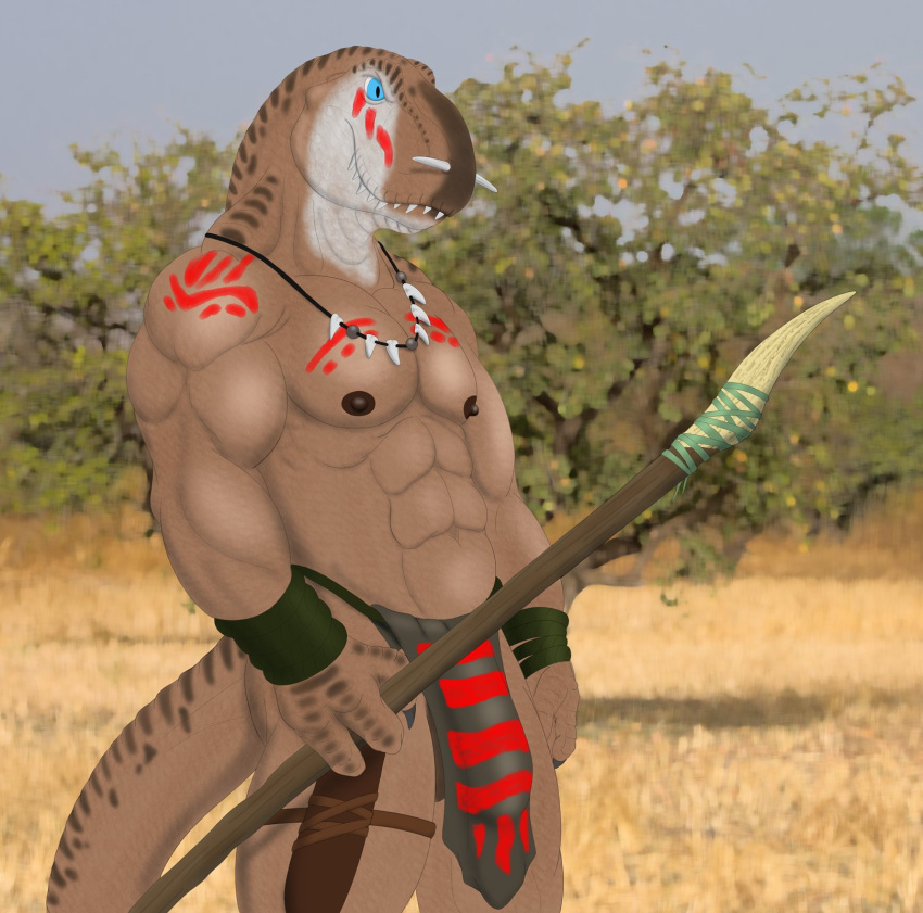 2022 3_fingers abs anthro biceps blue_eyes bone bone_necklace bottomwear bulge claws clothing dinosaur fingers hi_res holding_object holding_spear holding_weapon jewelry kaa_bakensobek loincloth looking_aside male markings melee_weapon muscular muscular_anthro muscular_male navel necklace nipples outside pecs polearm portrait red_markings reptile savanna scalie smile solo spear standing teeth theropod three-quarter_portrait tribal tribal_markings tyrannosaurid tyrannosaurus tyrannosaurus_rex weapon