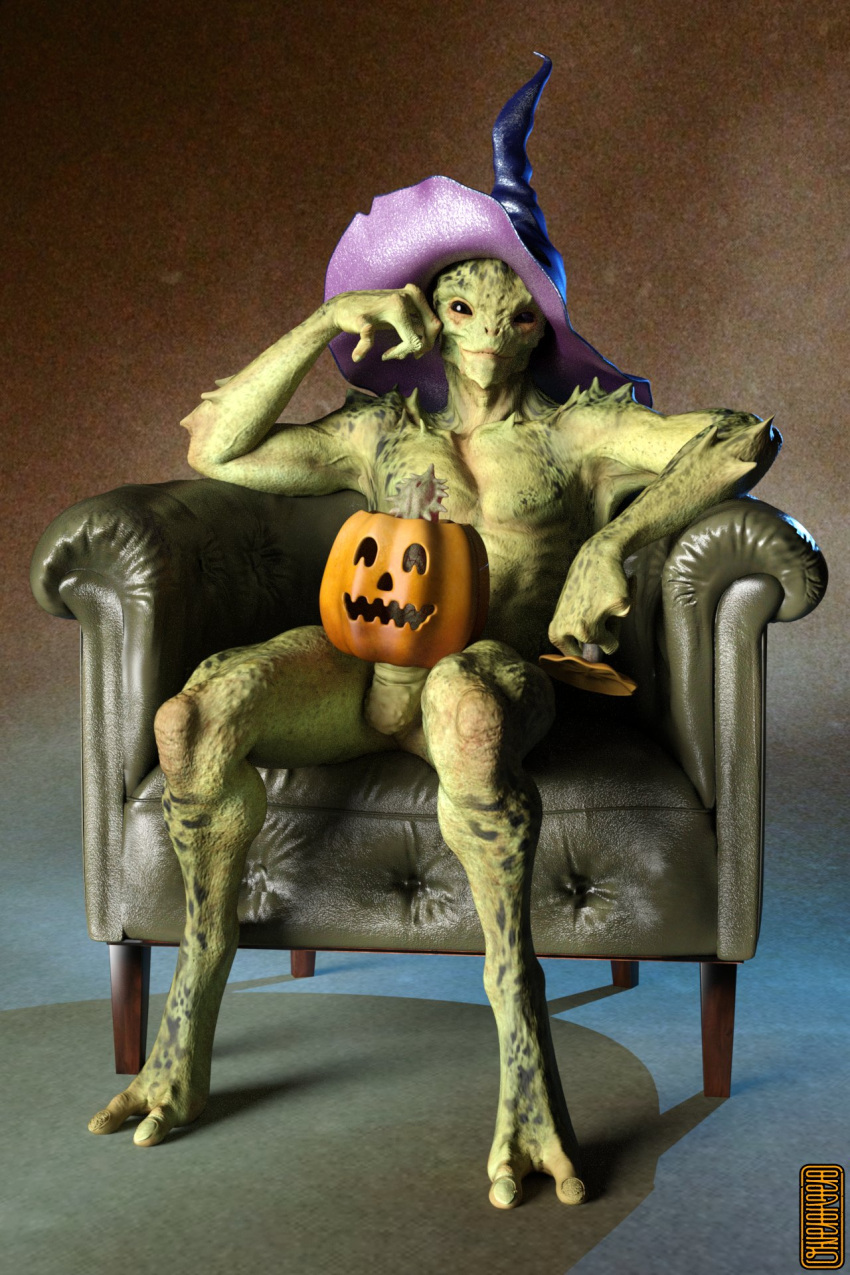 2022 2_toes alien athletic athletic_male balls black_eyes chair clothing erection feet food food_fetish food_penetration food_play fruit furniture genitals green_body halloween halloween_costume hat headgear headwear hi_res holidays humanoid improvised_sex_toy jack-o'-lantern jonah_(ugnaughtsden) looking_at_viewer male mouth_closed nude on_chair pecs penis plant pumpkin simple_background sitting sitting_on_chair smile sofa solo toes ugnaughtsden unusual_anatomy unusual_genitalia witch_hat
