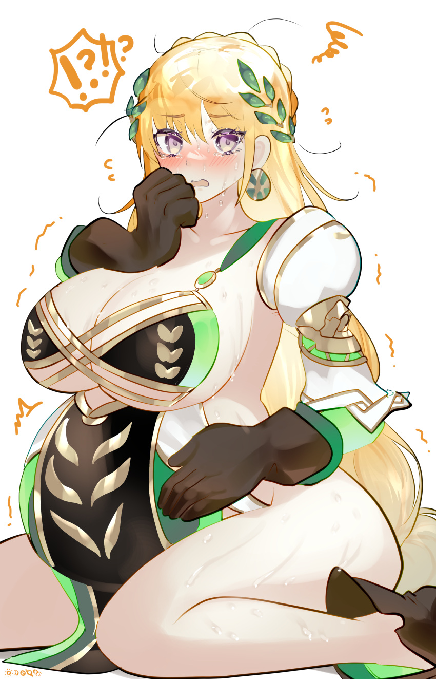 1girl absurdres big_belly blonde_hair blush braid breasts demeter_(fate) earrings embarrassed fate/grand_order fate_(series) green_vest hair_ornament hand_on_own_face highres huge_breasts jewelry kneeling leaf long_hair messy_hair nitric_acid no_panties open_mouth pregnant purple_eyes solo solo_focus spread_legs sweat tears thighhighs thighs trembling vest