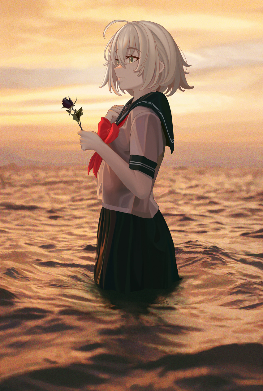 1girl absurdres ahoge bangs breasts fate/grand_order fate_(series) gradient_sky grey_hair highres jeanne_d'arc_alter_(avenger)_(fate) jeanne_d'arc_alter_(fate) large_breasts neckerchief ocean orange_sky pleated_skirt quatthro sailor_collar school_uniform serafuku short_hair short_sleeves skirt sky solo twilight wading yellow_eyes