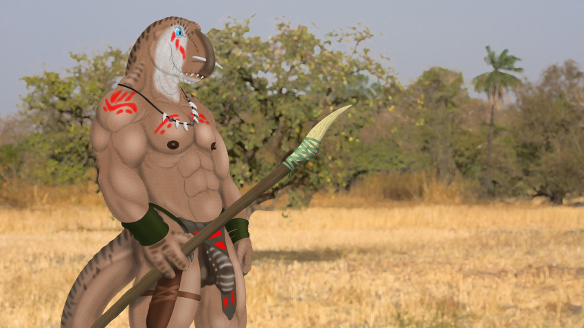 2022 3_fingers abs anthro balls biceps blue_eyes bone bone_necklace bottomwear bottomwear_aside claws clothing clothing_aside dinosaur fingers flaccid foreskin genitals hi_res holding_object holding_spear holding_weapon humanoid_genitalia jewelry kaa_bakensobek loincloth loincloth_aside looking_aside male markings melee_weapon muscular muscular_anthro muscular_male navel necklace nipples outside pecs penis polearm portrait red_markings reptile savanna scalie smile solo spear standing teeth theropod three-quarter_portrait tribal tribal_markings tyrannosaurid tyrannosaurus tyrannosaurus_rex weapon widescreen