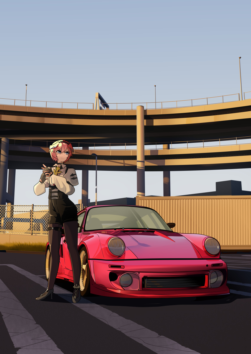 1girl absurdres bird_girl black_pants bridge car choker daikoku_parking_area fingerless_gloves full_body gloves ground_vehicle hair_wings hairband high-waist_shorts high_heels highres holeecrab hololive looking_to_the_side motor_vehicle outdoors pants pantyhose_under_shorts porsche porsche_911 porsche_930 real_world_location short_hair solo sports_car standing takane_lui thigh_strap virtual_youtuber yokohama