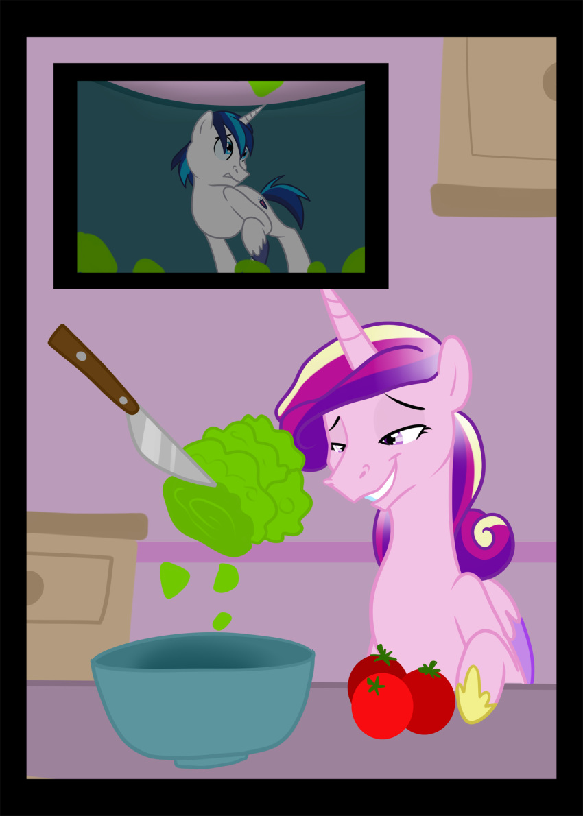 bowl chubbyjam container creepy_smile duo equid equine female feral food friendship_is_magic fruit half-closed_eyes hasbro hi_res horn imminent_vore knife lettuce levitation magic male mammal micro micro_in_food my_little_pony narrowed_eyes plant princess_cadance_(mlp) salad scared shining_armor_(mlp) smile tomato unicorn vegetable winged_unicorn wings