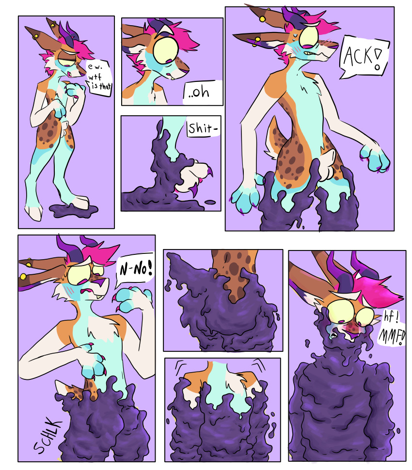 absurd_res animal_genitalia anthro antlers astrodrak balls blush bodily_fluids bulge butt butt_focus covered_in_slime dialogue dyed-hair embarrassed forced forced_transformation fully_sheathed genitals goo_transformation hi_res highlights_(coloring) horn jackalope lagomorph male mammal nervous paws penis piercing profanity scared sequence sheath slime solo solo_focus surprise surprised_expression sweat sweatdrop transformation upset