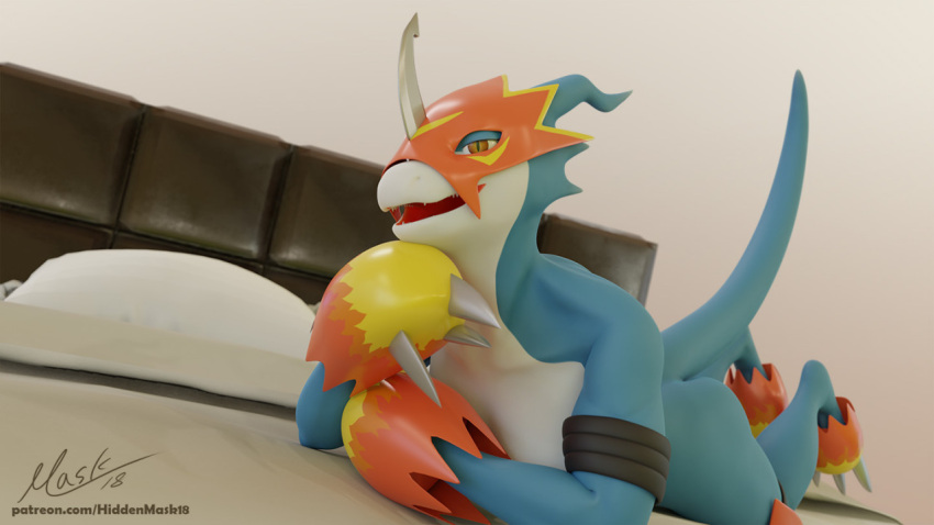 3d_(artwork) animal_humanoid anthro armor bandai_namco bed blender_(software) clothed clothing digimon digimon_(species) digital_media_(artwork) female flamedramon furniture hiddenmask18 humanoid lidded_eyes metal_claws nude partially_clothed pillow raised_tail scalie scalie_humanoid solo