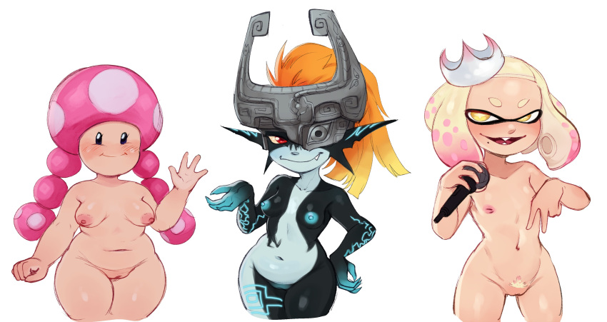 absurd_res animal_humanoid breasts cephalopod cephalopod_humanoid crown female flat_chested genitals group hi_res humanoid imp inkling inverted_nipples marine marine_humanoid mario_bros microphone midna mollusk mollusk_humanoid nintendo nipples nude omegahaunter pearl_(splatoon) portrait pseudo_hair pubes pussy short_stack simple_background small_breasts splatoon tentacle_hair tentacles the_legend_of_zelda three-quarter_portrait toad_(mario) toadette twilight_princess video_games white_background