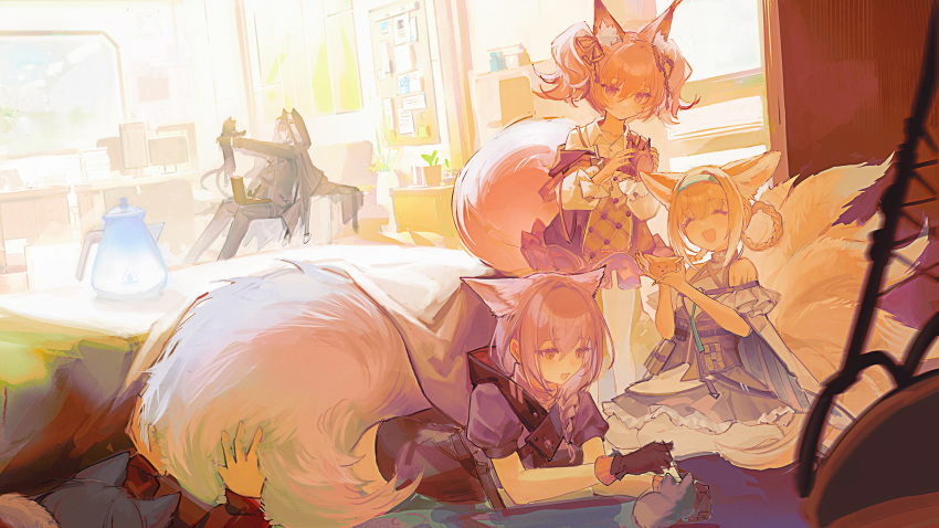 1boy 4girls :d animal animal_ears arknights black_cat black_gloves black_jacket blue_hairband braid cat christine_(arknights) closed_eyes commentary crafting dress english_commentary extra_ears fox_ears fox_girl fox_tail fur-trimmed_hood fur_trim gloves grey_hair hair_ribbon hairband happy highres holding holding_animal holding_cat hood hood_down hood_up hooded_jacket infection_monitor_(arknights) jacket kettle kitsune large_tail long_hair long_sleeves lying morte_(arknights) multiple_girls multiple_tails nekomata neriash on_stomach oripathy_lesion_(arknights) out_of_frame pantyhose phantom_(arknights) pink_eyes pink_hair projekt_red_(arknights) provence_(arknights) purple_dress purple_hair purple_shirt red_jacket rhodes_island_logo ribbon seiza shamare_(arknights) shirt sidelocks single_braid sitting smile suzuran_(arknights) tactical_clothes tail twintails vest white_pantyhose white_shirt wolf_ears wolf_girl wolf_tail