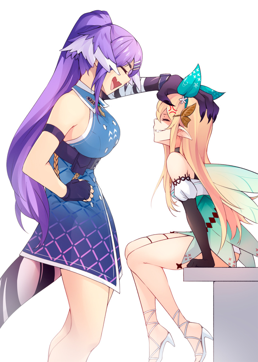 2girls :d anger_vein aqua_hairband arm_garter black_gloves blonde_hair blue_gloves closed_eyes commentary dragon_tail elbow_gloves english_commentary facing_another fairy_wings fang fingerless_gloves gloves hair_ornament hairband hand_on_another's_head hand_on_hip head_grab head_wings height_difference highres long_hair multiple_girls nijisanji nijisanji_en open_mouth pointy_ears pomu_rainpuff ponytail profile purple_hair ricegnat selen_tatsuki shoes simple_background sitting skin_fang smile standing tail virtual_youtuber white_background white_footwear wings