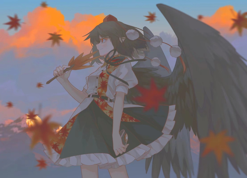 1girl autumn autumn_leaves bird_wings black_hair black_skirt black_wings blush buttons chinese_commentary closed_mouth collared_shirt feathered_wings frilled_skirt frills hand_fan hat hauchiwa highres holding holding_fan jiege leaf maple_leaf pom_pom_(clothes) puffy_short_sleeves puffy_sleeves purple_eyes red_eyes red_headwear shameimaru_aya shirt short_hair short_sleeves skirt solo tokin_hat touhou white_shirt wings