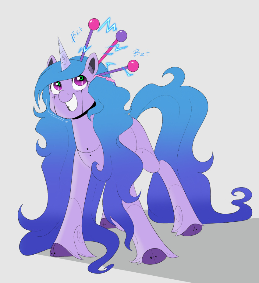 aztrial blue_hair electricity equid equine female gradient_hair hair hasbro hi_res horn izzy_moonbow_(mlp) long_hair machine mammal mlp_g5 my_little_pony purple_eyes robot smile solo unicorn