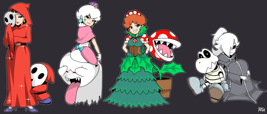 alternate_costume black_sclera blue_eyes boo_(mario) brown_hair cloak colored_sclera crown dress dry_bones evil_smile eyeshadow fangs gloves halloween_costume hands_on_hips high_heels highres hugging_own_legs makeup mario_(series) mask mask_removed mini_crown pale_skin pauline_(mario) piranha_plant princess_daisy princess_peach r3dfive red_cloak rosalina sharp_teeth shy_guy sitting sitting_on_person smile sparkle teeth tongue tongue_out white_hair yellow_eyes