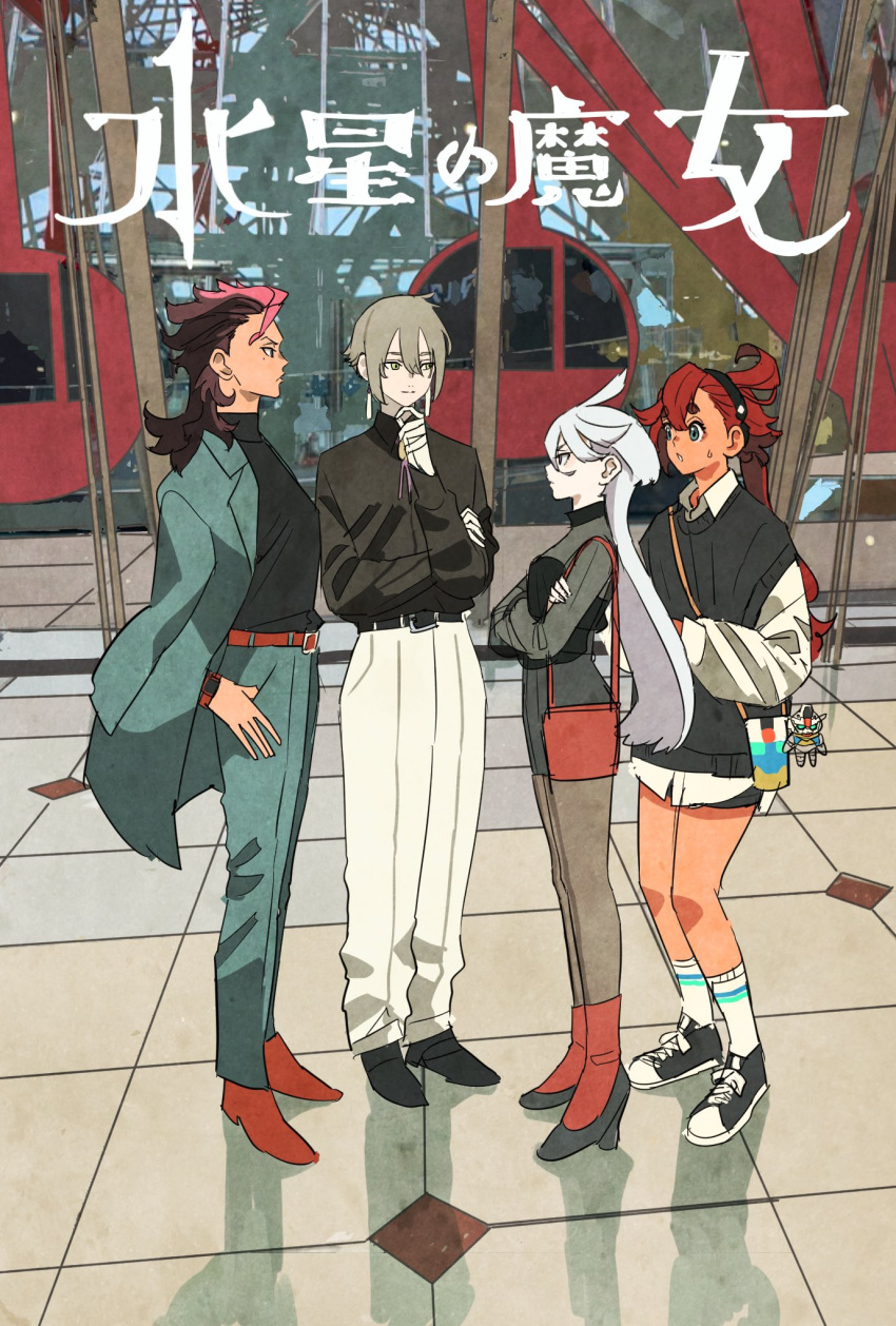 2boys 2girls ahoge bangs black_hairband blue_eyes blush brown_hair earrings elan_ceres gloves green_eyes green_hair grey_eyes guel_jeturk gundam gundam_aerial gundam_suisei_no_majo hair_between_eyes hairband highres jacket jewelry long_hair low_ponytail miorine_rembran multiple_boys multiple_girls open_mouth pink_hair red_hair robot ryosuketarou smile suletta_mercury thick_eyebrows white_hair