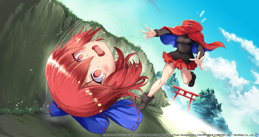 1girl @_@ black_footwear black_shirt blue_bow blue_sky blush boots bow cape cloud day disembodied_head hair_bow headless hiura_r long_sleeves miniskirt open_mouth outdoors red_cape red_eyes red_hair red_skirt sekibanki shirt short_hair skirt sky solo tears torii touhou touhou_lost_word