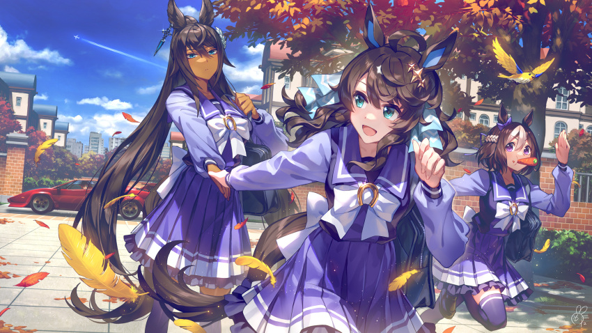 4girls aircraft airplane animal animal_ears autumn_leaves bangs bird black_footwear black_hair black_pantyhose blue_eyes blue_sky bow braid brick_wall brown_hair building car carrot cloud commentary_request contrail daring_tact_(umamusume) dark-skinned_female dark_skin day feathers feet_out_of_frame food food_in_mouth food_on_face frilled_skirt frills ground_vehicle hair_between_eyes hand_up highres holding_hands horse_ears horse_girl horse_tail lamborghini loafers long_hair maruzensky_(umamusume) motor_vehicle multicolored_hair multiple_girls okada_manabi outdoors pantyhose pleated_skirt purple_eyes purple_shirt purple_skirt purple_thighhighs running school_uniform shirt shoes skirt sky special_week_(umamusume) sports_car symboli_kris_s_(umamusume) tail thighhighs tracen_school_uniform tree two-tone_hair umamusume very_long_hair white_bow white_hair window yellow_feathers