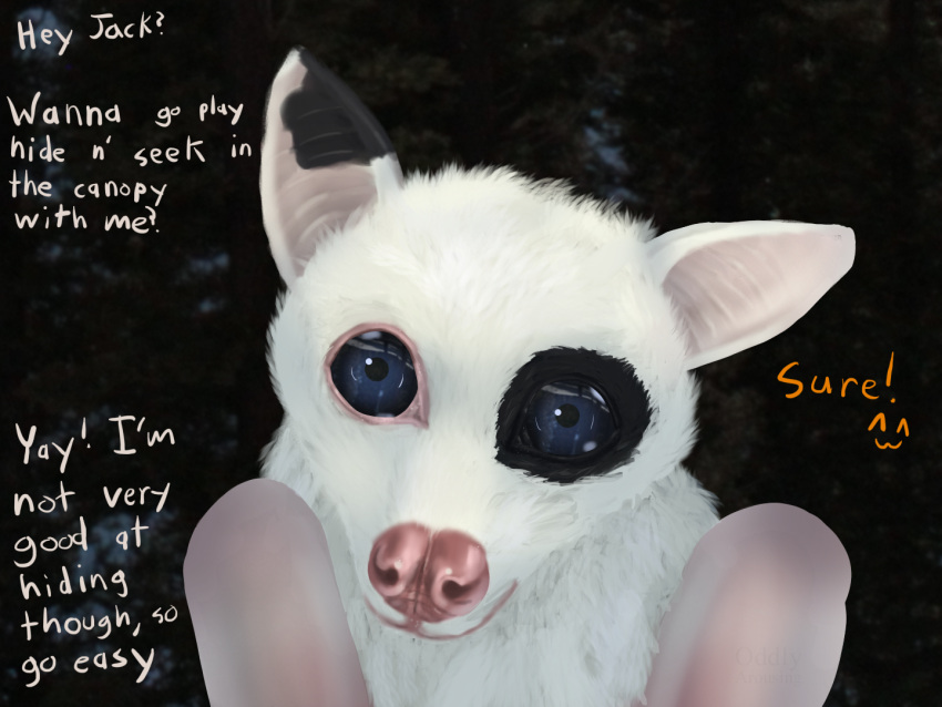 ^w^ anthro black_spots blue_eyes bust_portrait chiropteran dialogue digital_media_(artwork) emoticon english_text female fur leucistic looking_at_viewer mammal membrane_(anatomy) membranous_wings napkin_(akaifox) oddly_arousing offscreen_character photo_background pink_nose portrait pteropodid semi-anthro shaded solo spots text unseen_character watermark white_body white_fur wings