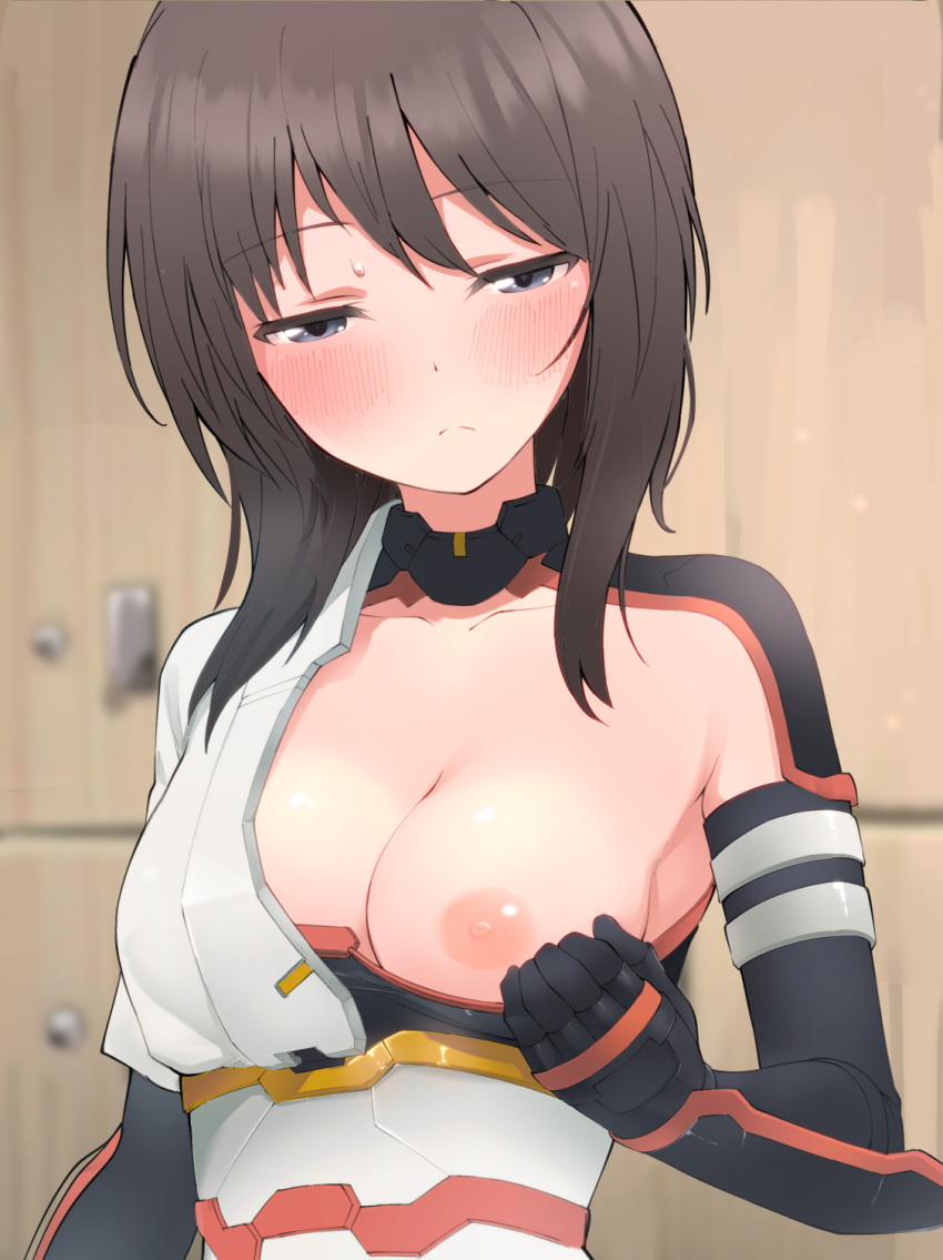 1girl alice_gear_aegis bangs black_hair blurry blurry_background blush bodysuit breasts character_request closed_mouth commentary_request half-closed_eyes highres locker looking_at_viewer medium_breasts medium_hair nipples one_breast_out solo sweat unpasu upper_body