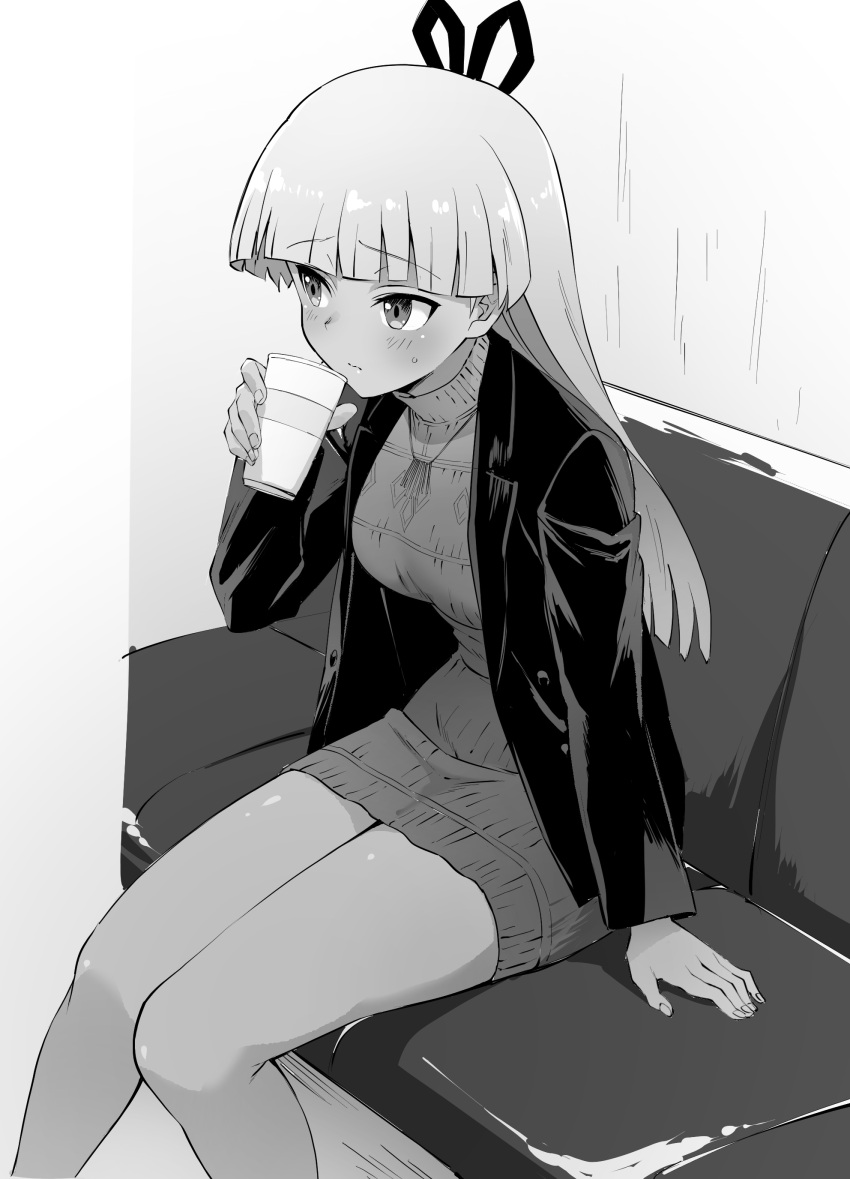 1girl absurdres alice_gear_aegis araime_yasuri bangs blunt_bangs blush breasts closed_mouth couch cup dress greyscale hair_ornament highres holding holding_cup jacket jewelry long_hair long_sleeves medium_breasts monochrome necklace open_clothes open_jacket sitting solo sweat tan unpasu