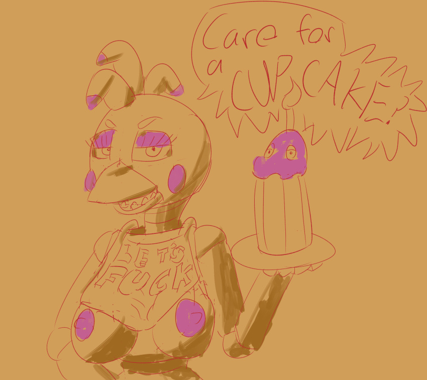 animatronic anthro avian big_breasts bird breasts chicken cupcake dildo female five_nights_at_freddy's five_nights_at_freddy's_2 food galliform gallus_(genus) hand_on_hip hi_res machine phasianid robot scottgames sex_toy sketch solo thermonuclearartist toy_chica_(fnaf) video_games