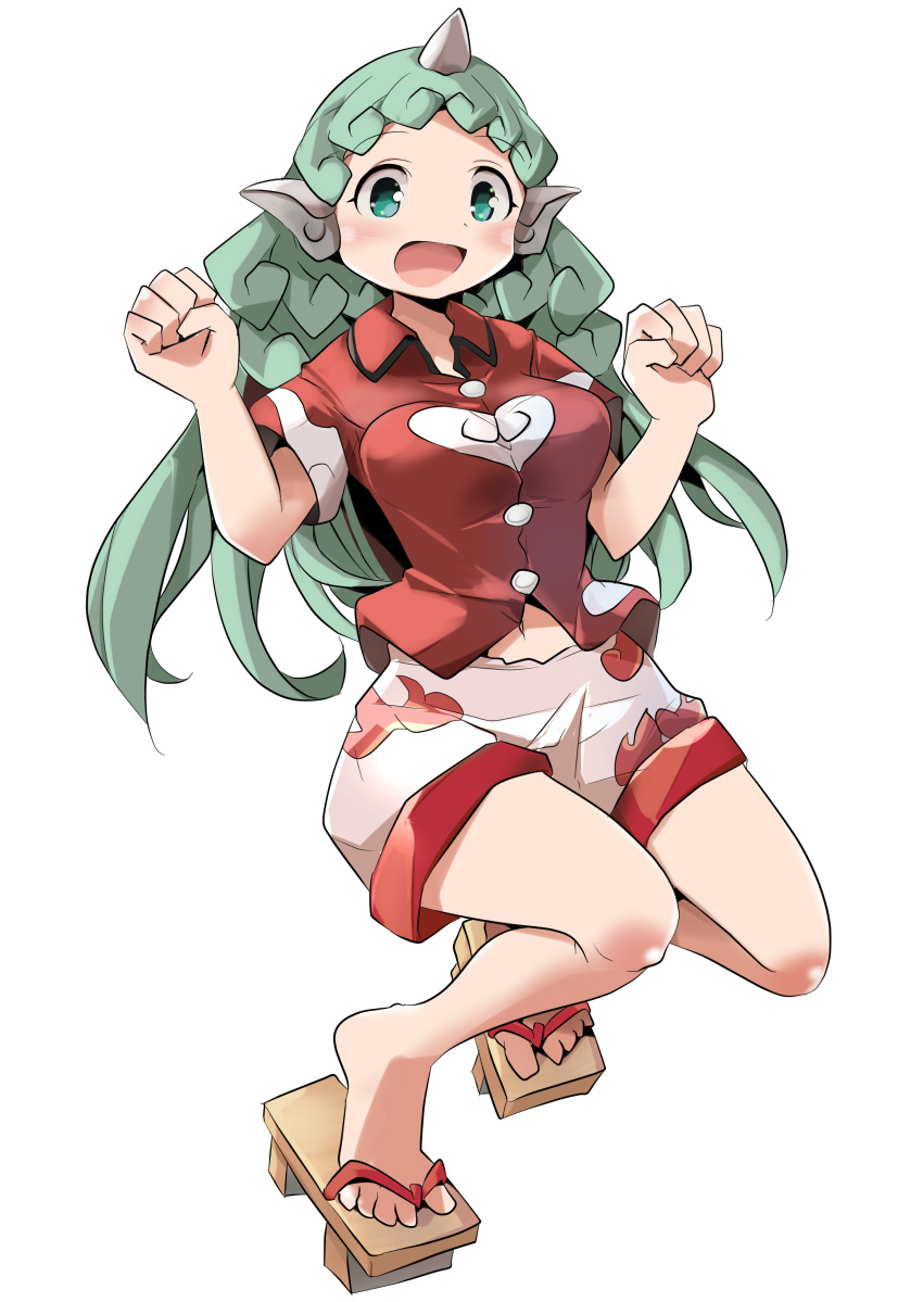 1girl absurdres bangs collared_shirt geta green_eyes green_hair hidden_star_in_four_seasons highres horns komano_aunn long_hair looking_at_viewer mukuroi navel open_mouth red_shirt shirt short_sleeves shorts simple_background single_horn solo toes touhou white_background white_shorts